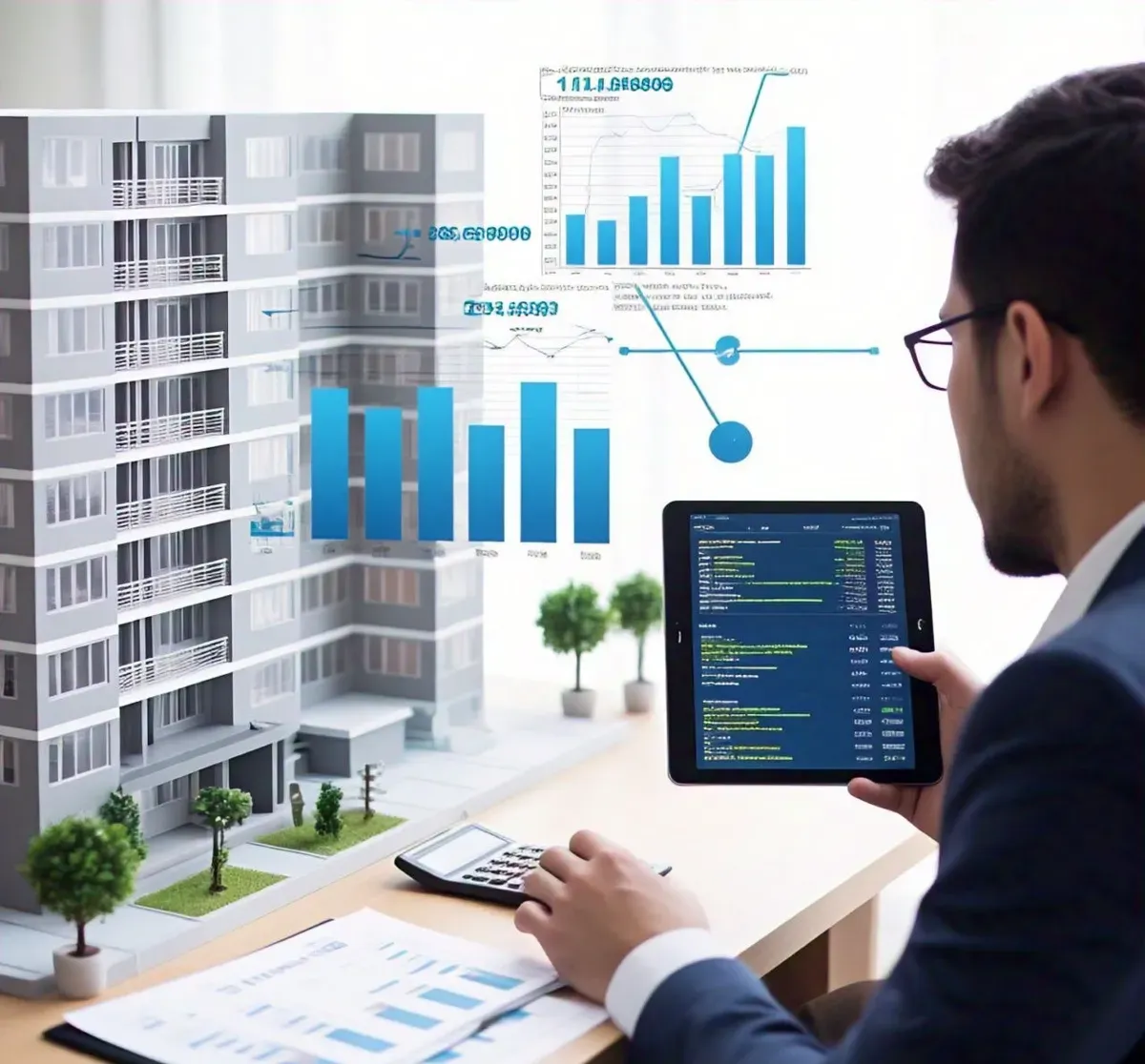 Administrador revisando indicadores del condominio en tableta